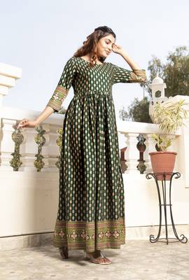 Green Foil Printed Rayon Flared/Gown Kurti 4