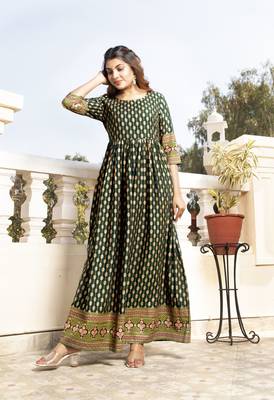 Green Foil Printed Rayon Flared/Gown Kurti 5