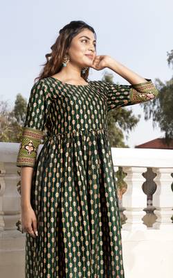 Green Foil Printed Rayon Flared/Gown Kurti 6