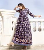 Navy Blue Foil/ Gold Printed Rayon Flared/Gown Kurti