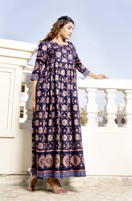 Navy Blue Foil/ Gold Printed Rayon Flared/Gown Kurti 2
