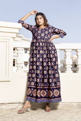 Navy Blue Foil/ Gold Printed Rayon Flared/Gown Kurti 3