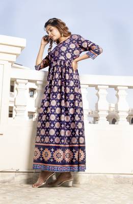 Navy Blue Foil/ Gold Printed Rayon Flared/Gown Kurti 4