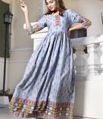 Light Grey Border Printed Rayon Flared/Gown Kurti