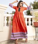Orange Border Printed Rayon Flared/Gown Kurti
