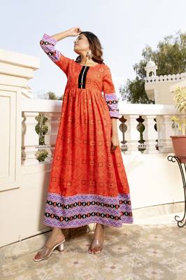 Orange Border Printed Rayon Flared/Gown Kurti 3