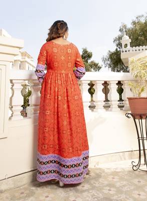 Orange Border Printed Rayon Flared/Gown Kurti 4