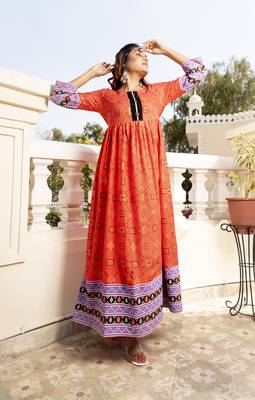 Orange Border Printed Rayon Flared/Gown Kurti 5