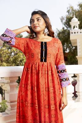 Orange Border Printed Rayon Flared/Gown Kurti 6