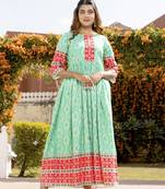 Light Green Border Badhni Printed Rayon Flared/Gown Kurti