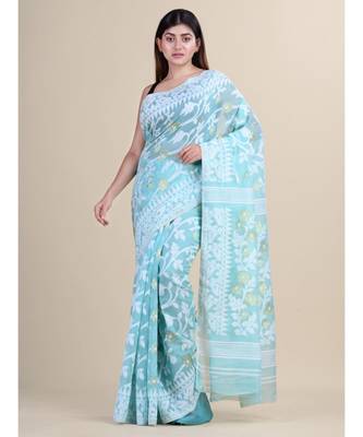 Sea Green &White Cotton Silk Hand Woven Jamdani Handloom Saree Without Blouse 1