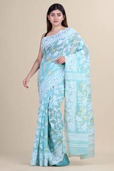 Sea Green &White Cotton Silk Hand Woven Jamdani Handloom Saree Without Blouse