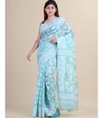 Sea Green &White Cotton Silk Hand Woven Jamdani Handloom Saree Without Blouse