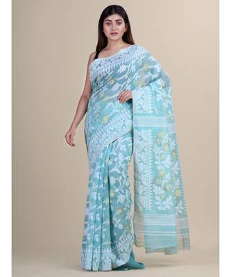 Sea Green &White Cotton Silk Hand Woven Jamdani Handloom Saree Without Blouse 5
