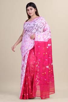 WHITE & Deep Pink  Cotton Silk Hand Woven  Jamdani Handloom Saree