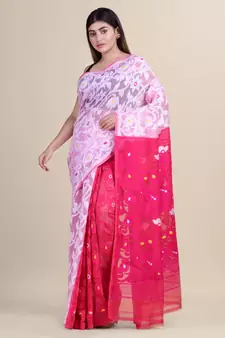 WHITE & Deep Pink  Cotton Silk Hand Woven  Jamdani Handloom Saree