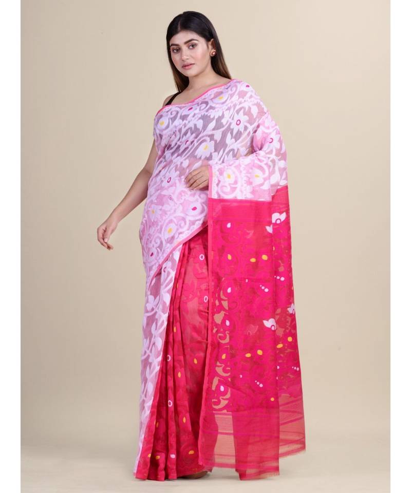 WHITE & Deep Pink  Cotton Silk Hand Woven  Jamdani Handloom Saree