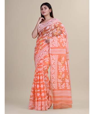 Orange & White Cotton Silk Hand Woven Jamdani Handloom Saree Without Blouse 1