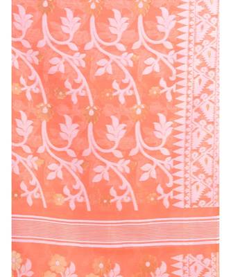 Orange & White Cotton Silk Hand Woven Jamdani Handloom Saree Without Blouse 2
