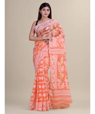 Orange & White Cotton Silk Hand Woven Jamdani Handloom Saree Without Blouse 3