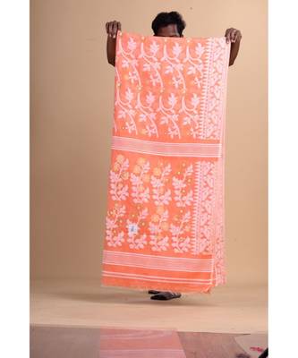 Orange & White Cotton Silk Hand Woven Jamdani Handloom Saree Without Blouse 4