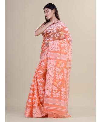 Orange & White Cotton Silk Hand Woven Jamdani Handloom Saree Without Blouse 5