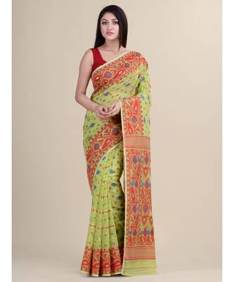 Green & Red Cotton Silk Hand Woven Jamdani Handloom Saree Without Blouse 1