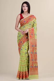 Green & Red Cotton Silk Hand Woven Jamdani Handloom Saree Without Blouse