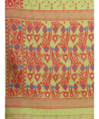 Green & Red Cotton Silk Hand Woven Jamdani Handloom Saree Without Blouse 2