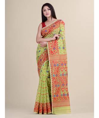 Green & Red Cotton Silk Hand Woven Jamdani Handloom Saree Without Blouse 3
