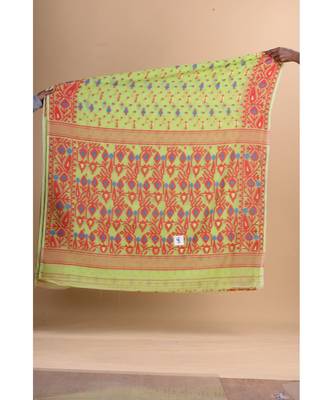 Green & Red Cotton Silk Hand Woven Jamdani Handloom Saree Without Blouse 4