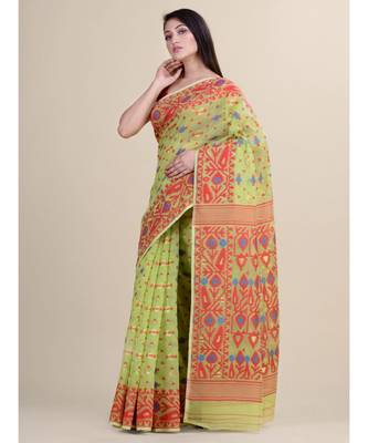 Green & Red Cotton Silk Hand Woven Jamdani Handloom Saree Without Blouse 5