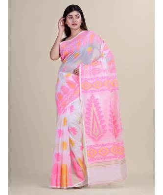 White &Pink Cotton Silk Hand Woven  Jamdani Handloom Saree 1