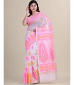 White &Pink Cotton Silk Hand Woven  Jamdani Handloom Saree
