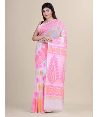 White &Pink Cotton Silk Hand Woven  Jamdani Handloom Saree 3