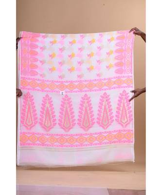 White &Pink Cotton Silk Hand Woven  Jamdani Handloom Saree 4