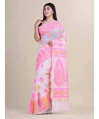 White &Pink Cotton Silk Hand Woven  Jamdani Handloom Saree 5