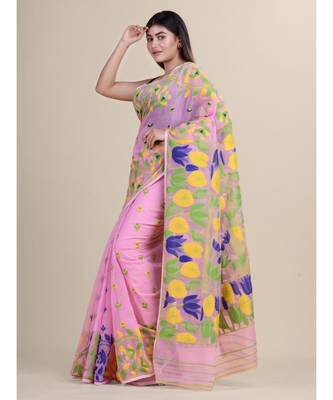 Pink &Blue Cotton Silk Hand Woven  Jamdani Handloom Saree 1