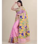 Pink &Blue Cotton Silk Hand Woven  Jamdani Handloom Saree