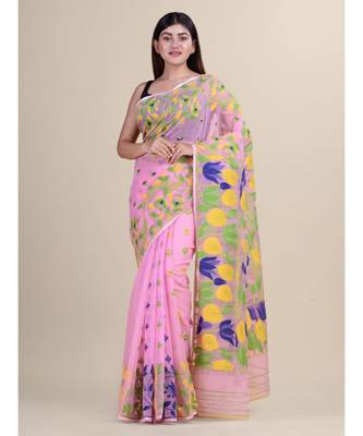 Pink &Blue Cotton Silk Hand Woven  Jamdani Handloom Saree 2
