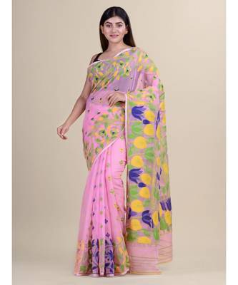 Pink &Blue Cotton Silk Hand Woven  Jamdani Handloom Saree 3