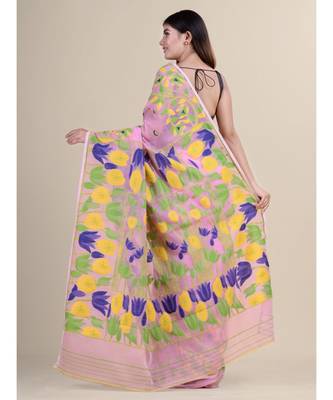 Pink &Blue Cotton Silk Hand Woven  Jamdani Handloom Saree 5