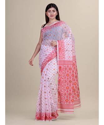 White &Red Cotton Silk Hand Woven Jamdani Handloom Saree Without Blouse 1