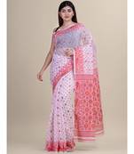 White &Red Cotton Silk Hand Woven Jamdani Handloom Saree Without Blouse