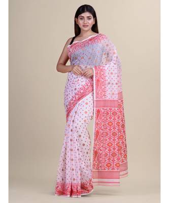 White &Red Cotton Silk Hand Woven Jamdani Handloom Saree Without Blouse 3