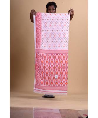 White &Red Cotton Silk Hand Woven Jamdani Handloom Saree Without Blouse 4