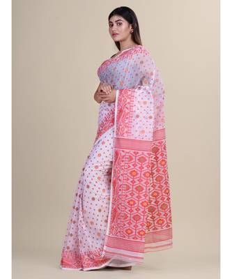 White &Red Cotton Silk Hand Woven Jamdani Handloom Saree Without Blouse 5