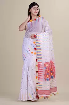 White &RED Cotton Silk Hand Woven  Jamdani Handloom  Saree