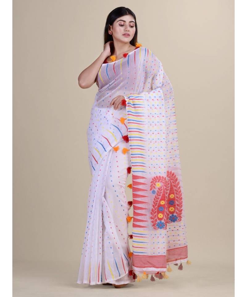 White &RED Cotton Silk Hand Woven  Jamdani Handloom  Saree