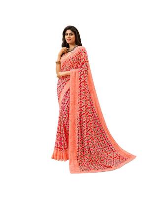 Pisara Pink Georgette  Abstract Print with lace border Saree 1